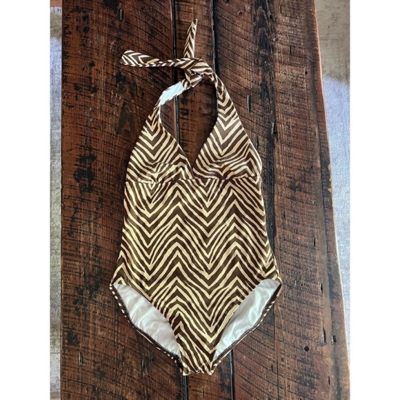 Talbots Brown and Tan halter neck style one piece bathing suit, Size 6 - Picture 4 of 16